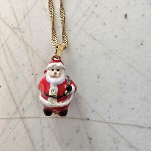 Tiny Enamel Santa Pendant Necklace with 2 Tiny Rhinestones on Jacket Not Marked
